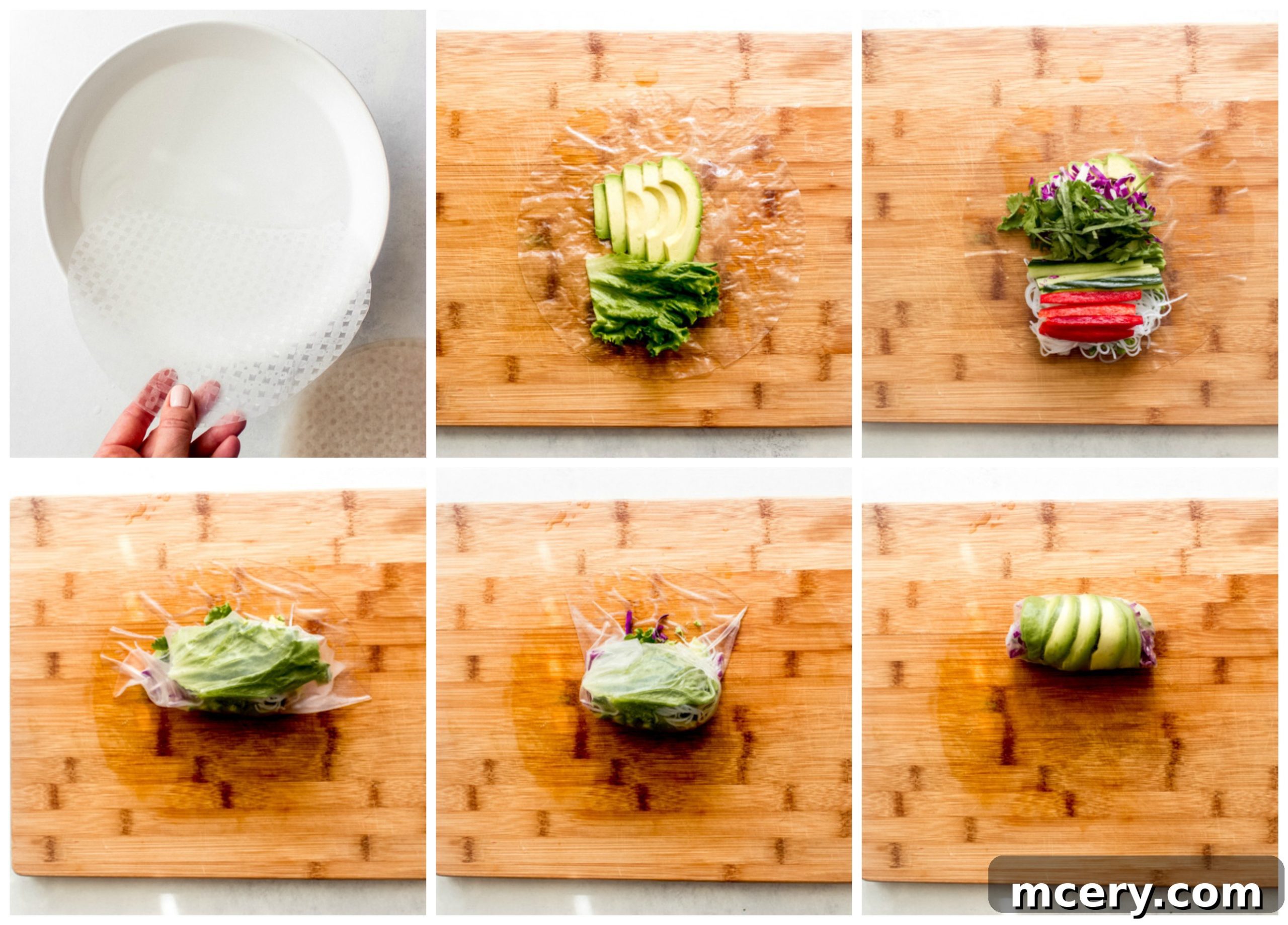 Easy Homemade Veggie Rolls 5 Step-by-step photographic guide on how to assemble rice paper spring rolls, showing the placement of ingredients and the rolling technique.