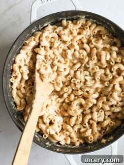 A close-up shot of the finished Quick and Easy Mac and Cheese in a Dutch oven.