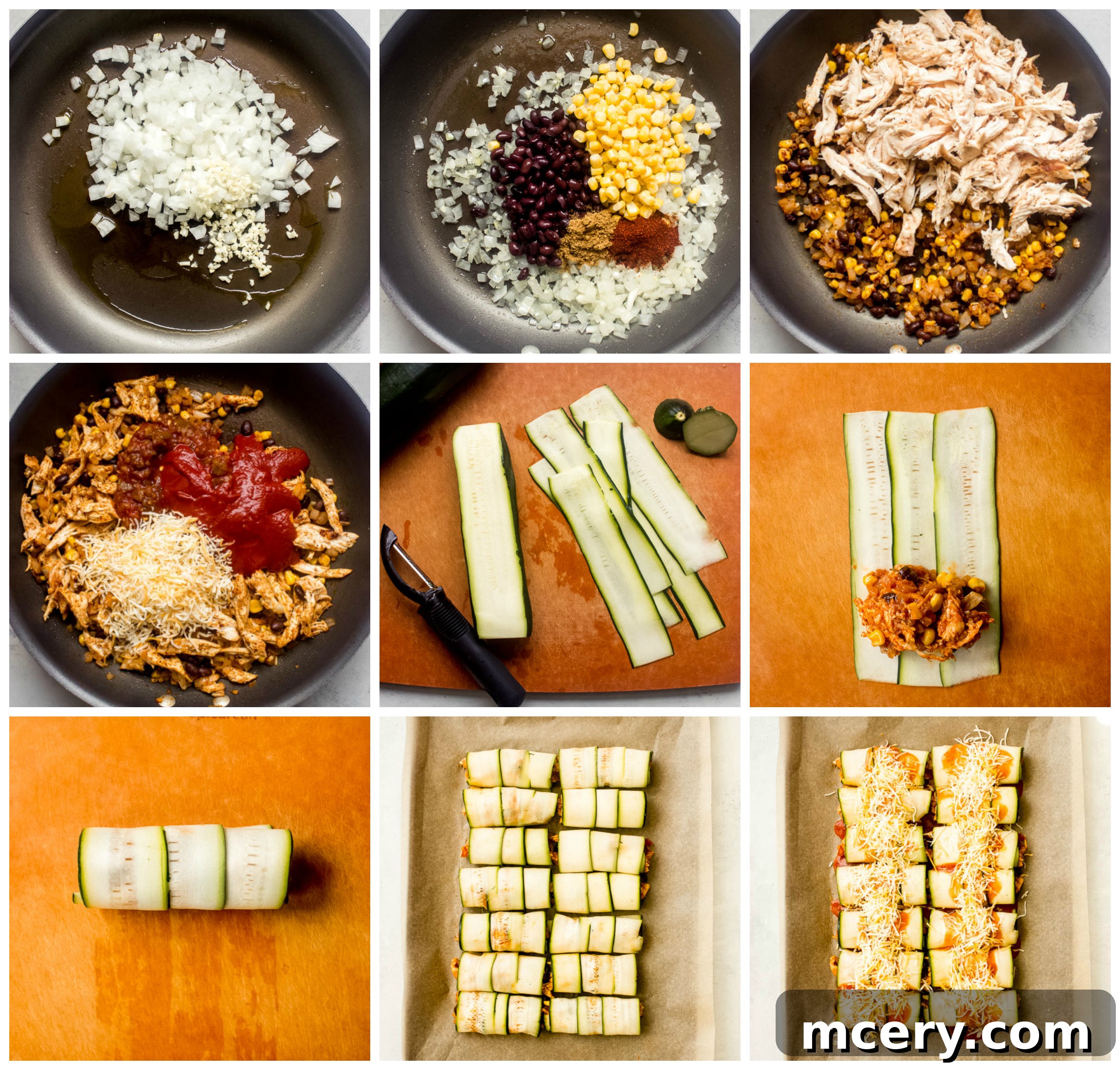 One Pan Zucchini Chicken Enchiladas 5 Step by step instructions for making zucchini enchiladas, showing the rolling process