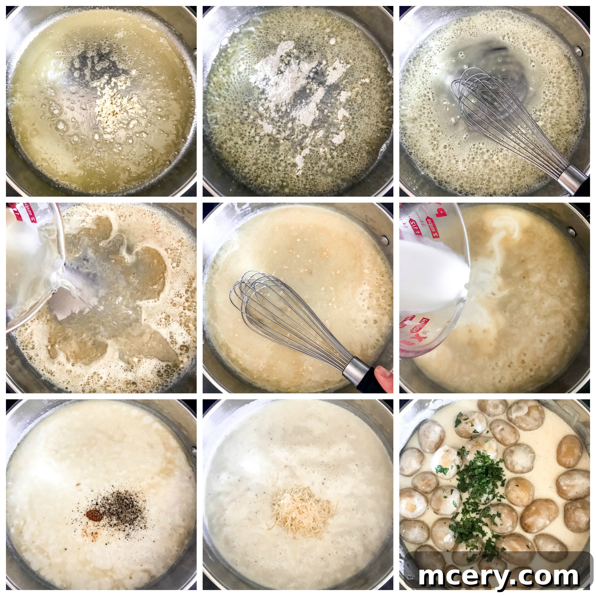 Step-by-step instruction on how to make garlic parmesan cream sauce with potatoes, showing sauce in skillet