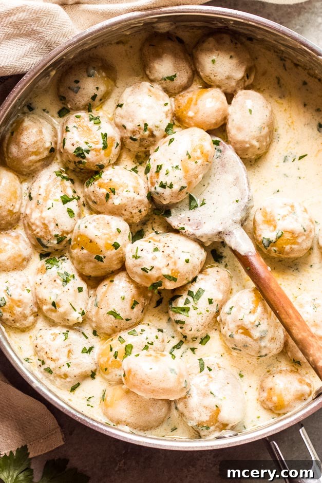 Overhead shot of creamy baby potatoes in garlic parmesan cream sauce served in a skillet