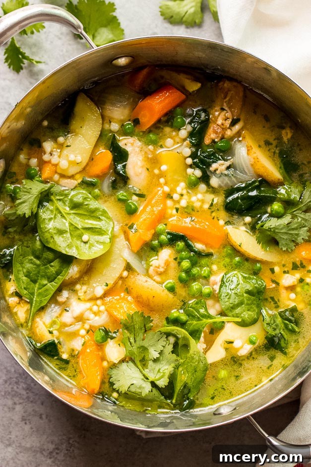 Tender Spring Chicken and Garden Harvest Stew 4 Close-up view of a rich chicken stew with potatoes and vegetables simmering in a Dutch oven, steam rising, highlighting the textures and vibrant colors.