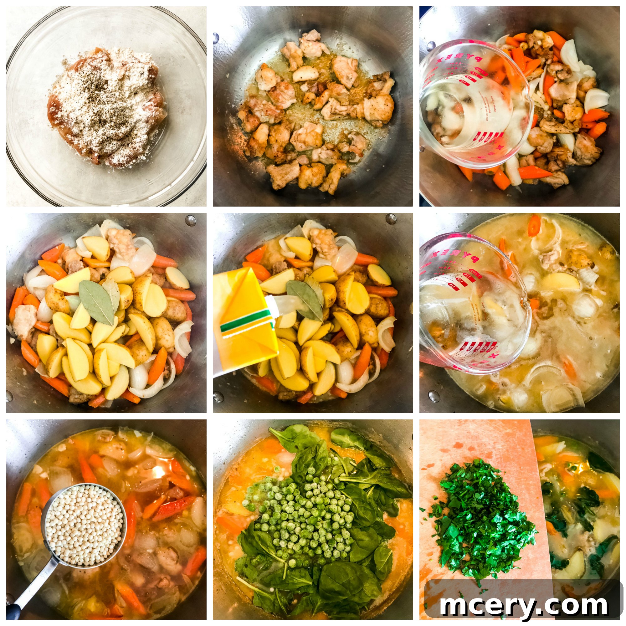 Tender Spring Chicken and Garden Harvest Stew 5 A four-panel step-by-step image guide on how to make chicken vegetable stew, showing the chicken browning, vegetables sautéing, simmering with potatoes, and adding couscous and greens.