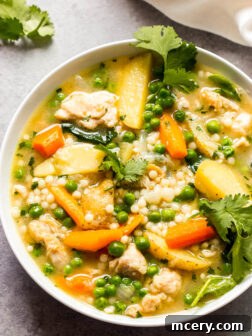 Overhead chicken vegetable stew in white bowl
