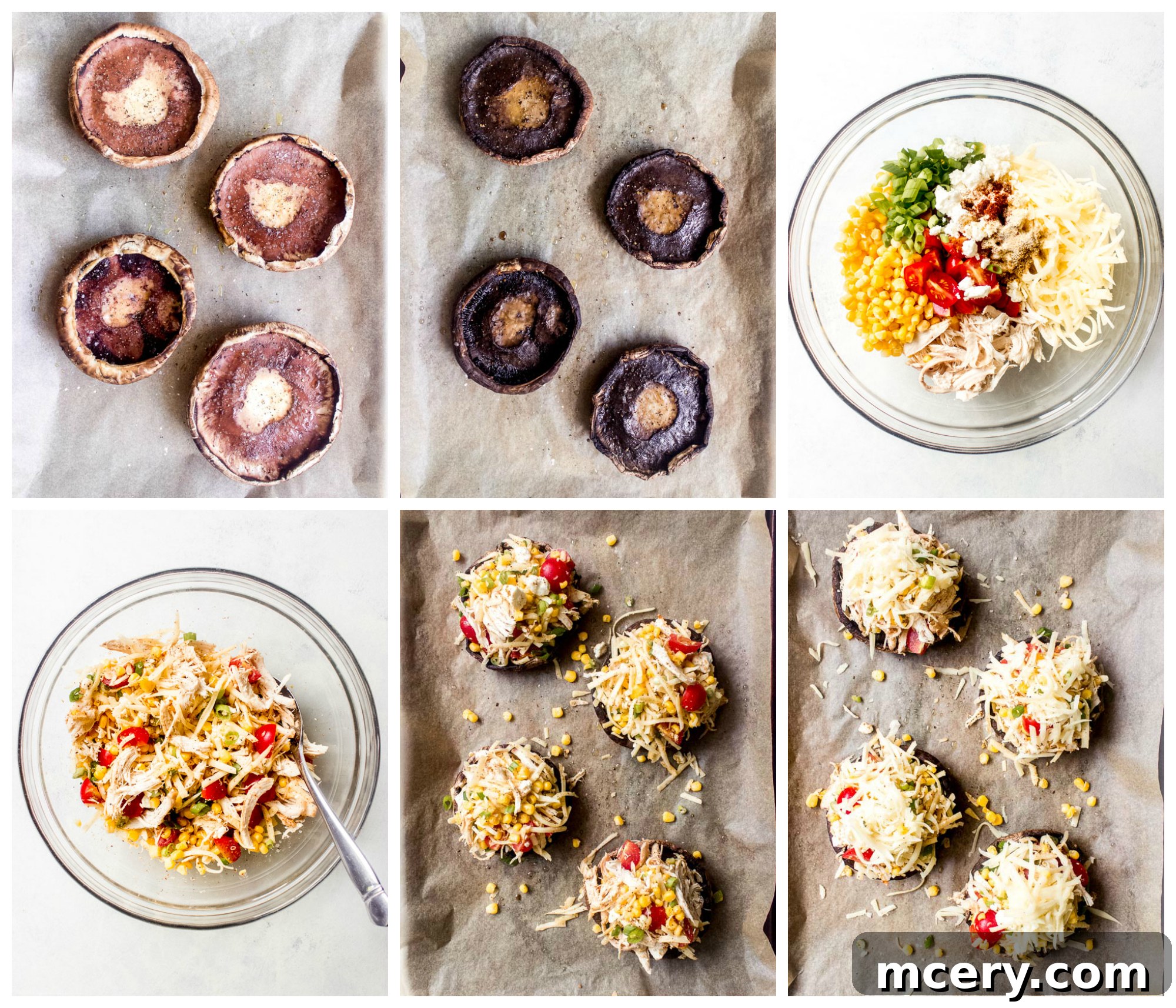 Loaded Chicken Corn and Cheese Portobellos 5 A step-by-step collage showing the process of making stuffed portobello mushrooms, from cleaning and roasting the caps to mixing the filling and final baking, highlighting each stage visually.