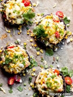 Overhead stuffed portobello mushroom caps