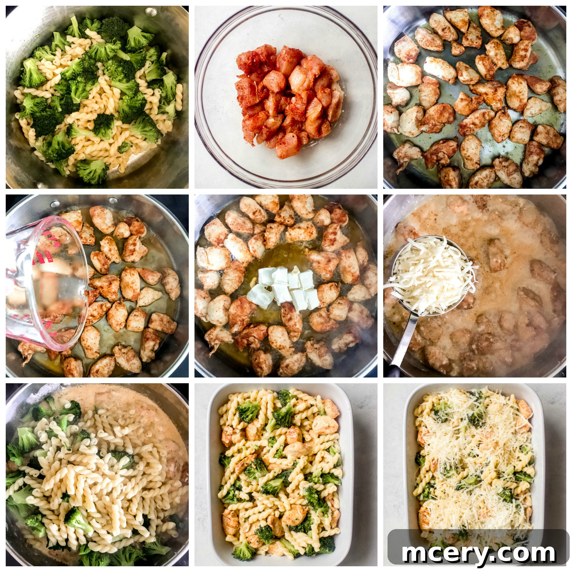 Creamy Chicken Broccoli Pasta Bake 5 Four images showing a step-by-step process to make chicken pasta broccoli bake.