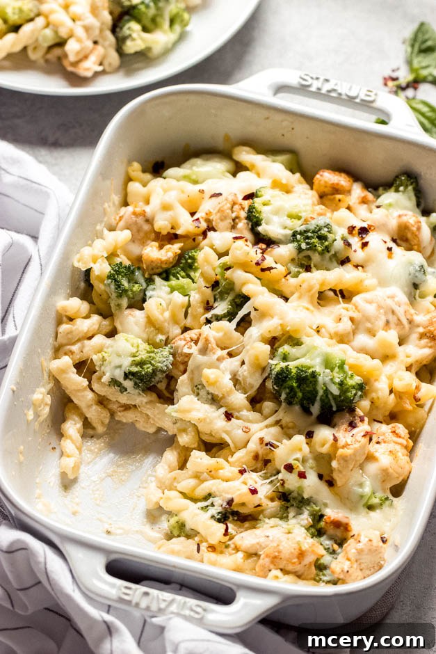 Creamy Chicken Broccoli Pasta Bake 6 Close up side view of a chicken broccoli bake, showing creamy sauce and melted cheese.