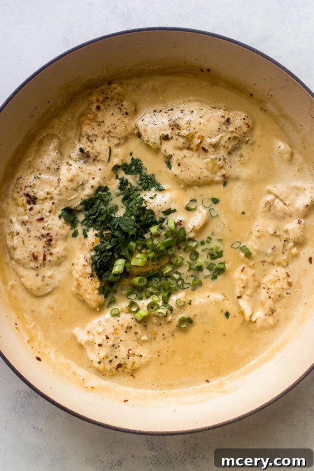 Creamy Coconut Chicken Skillet 11 Finished coconut milk chicken dish garnished with fresh cilantro and green onions, ready to serve.