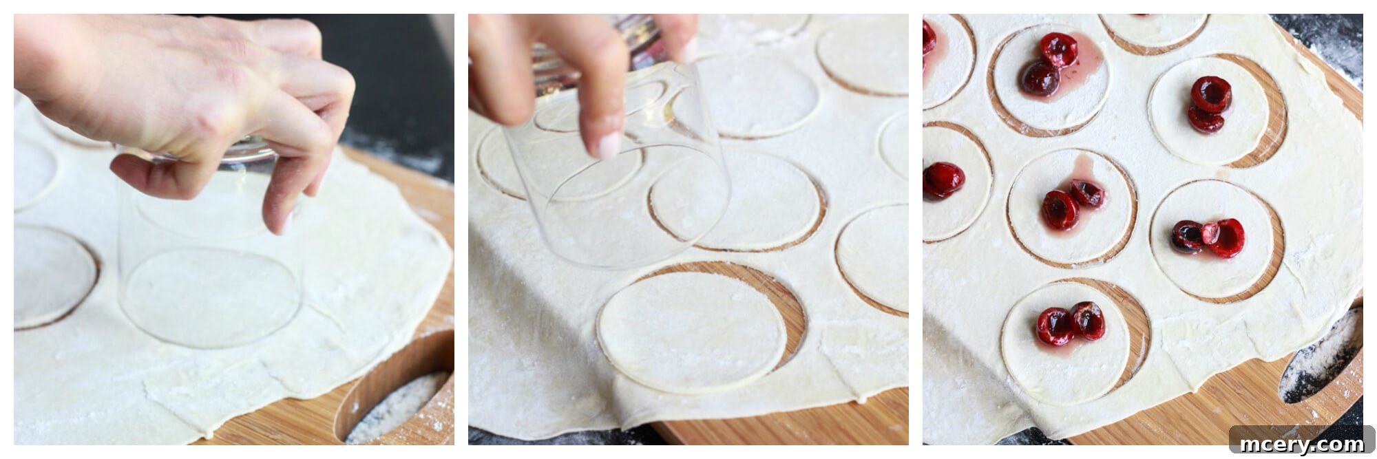 Ruby Cherry Vareniki 6 Floured dough rolled out thin on a surface, with several perfect circles already cut out.