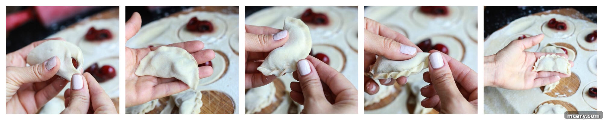 Ruby Cherry Vareniki 7 A close-up showing the process of assembling vareniki, with a hand carefully pinching the edges of a dough circle around a cherry filling to form a half-moon.