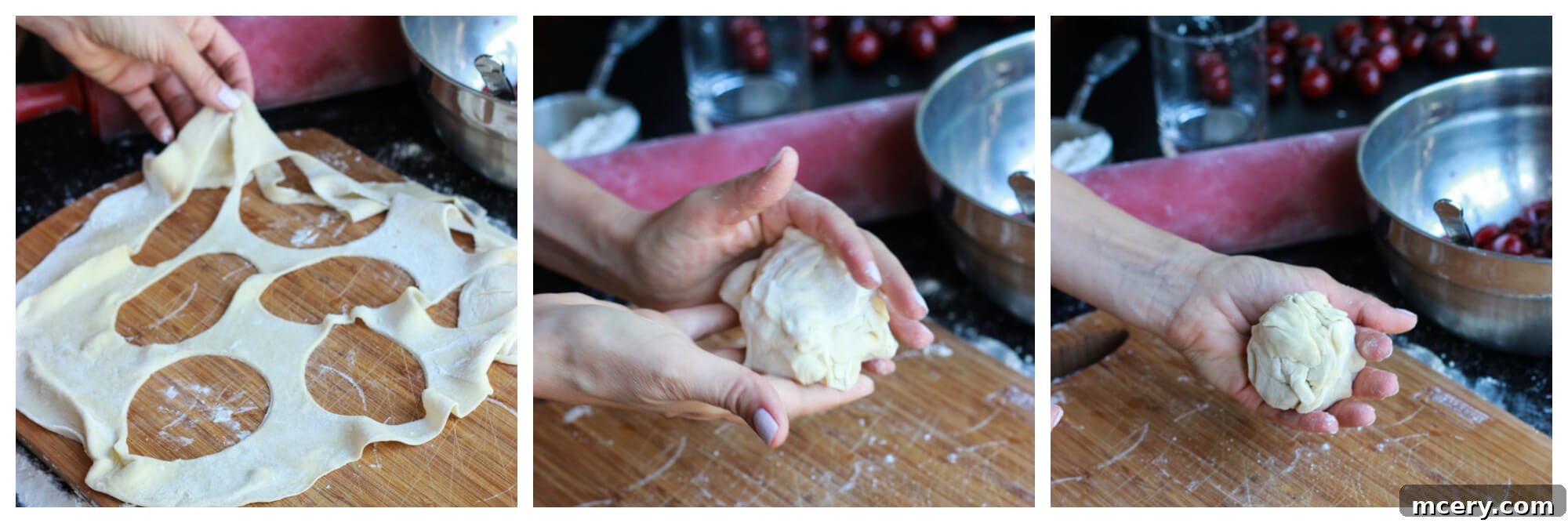 Ruby Cherry Vareniki 8 A large piece of vareniki dough, thinly rolled out and ready for cutting, showcasing its smooth texture.