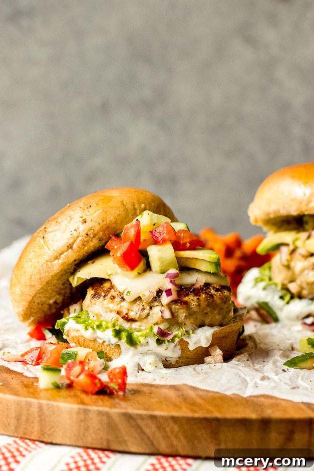 Sun-Kissed Mediterranean Turkey Burgers 4 Close-up of a perfectly cooked, juicy turkey burger with melted cheese and fresh toppings