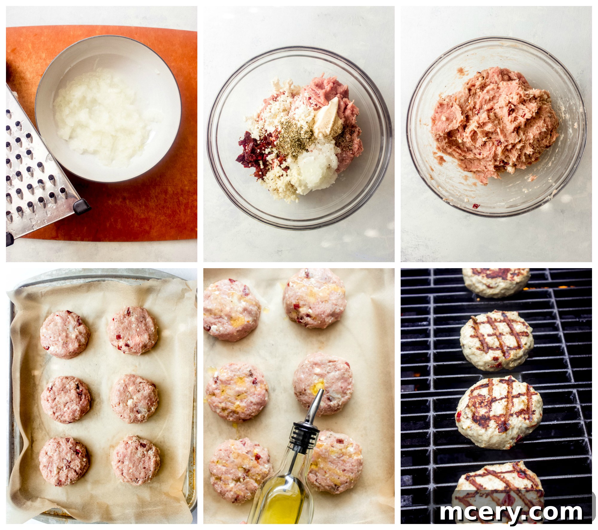 Sun-Kissed Mediterranean Turkey Burgers 5 Step-by-step images showing how to mix, form, and grill Mediterranean turkey burgers