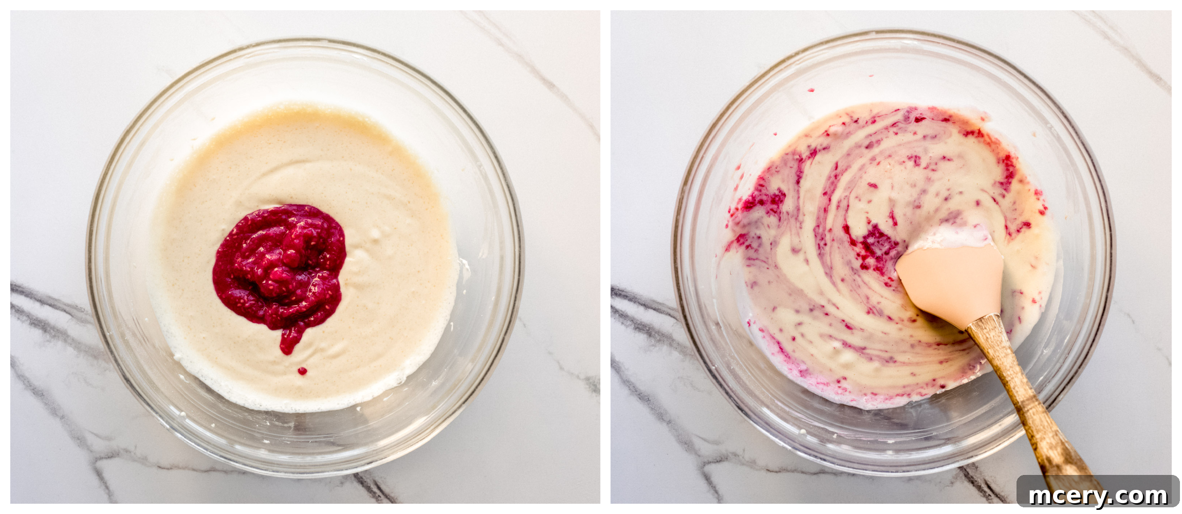 Tangy Raspberry Fudge Brownies 8 Cheesecake batter mixed with raspberry puree, showing a beautiful pink color