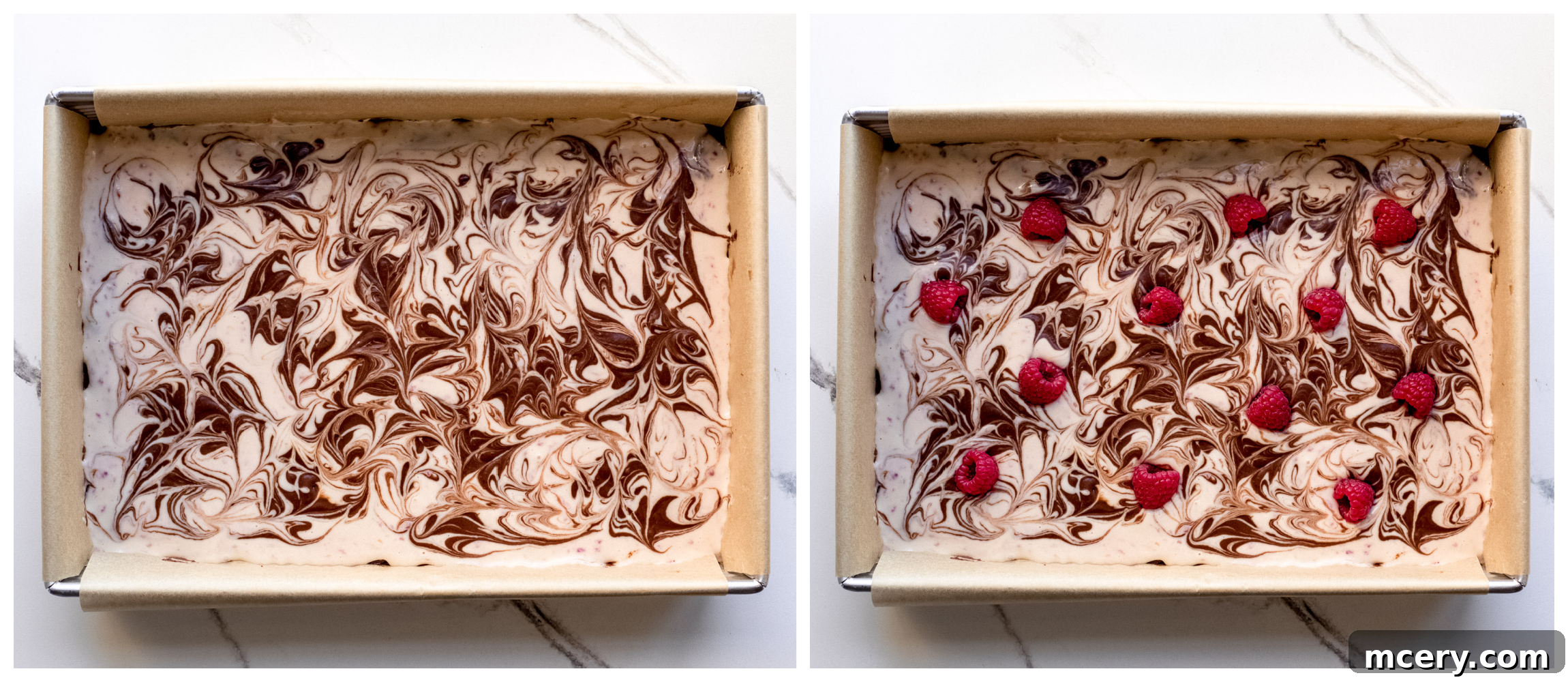 Tangy Raspberry Fudge Brownies 10 Swirled brownie and cheesecake batter in a pan, ready for baking
