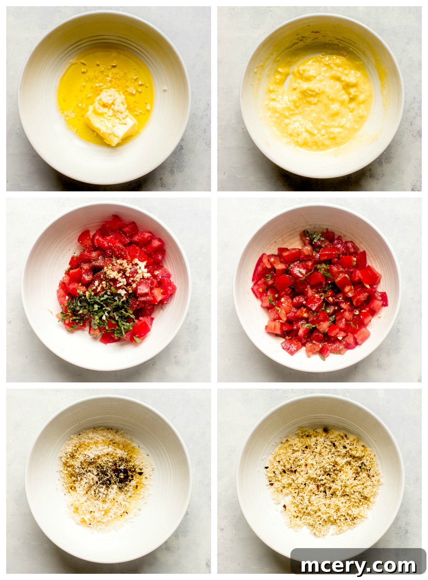 Crispy Panko Cod Bake 6 Separate bowls containing lemon butter, fresh tomato bruschetta, and panko crumb topping