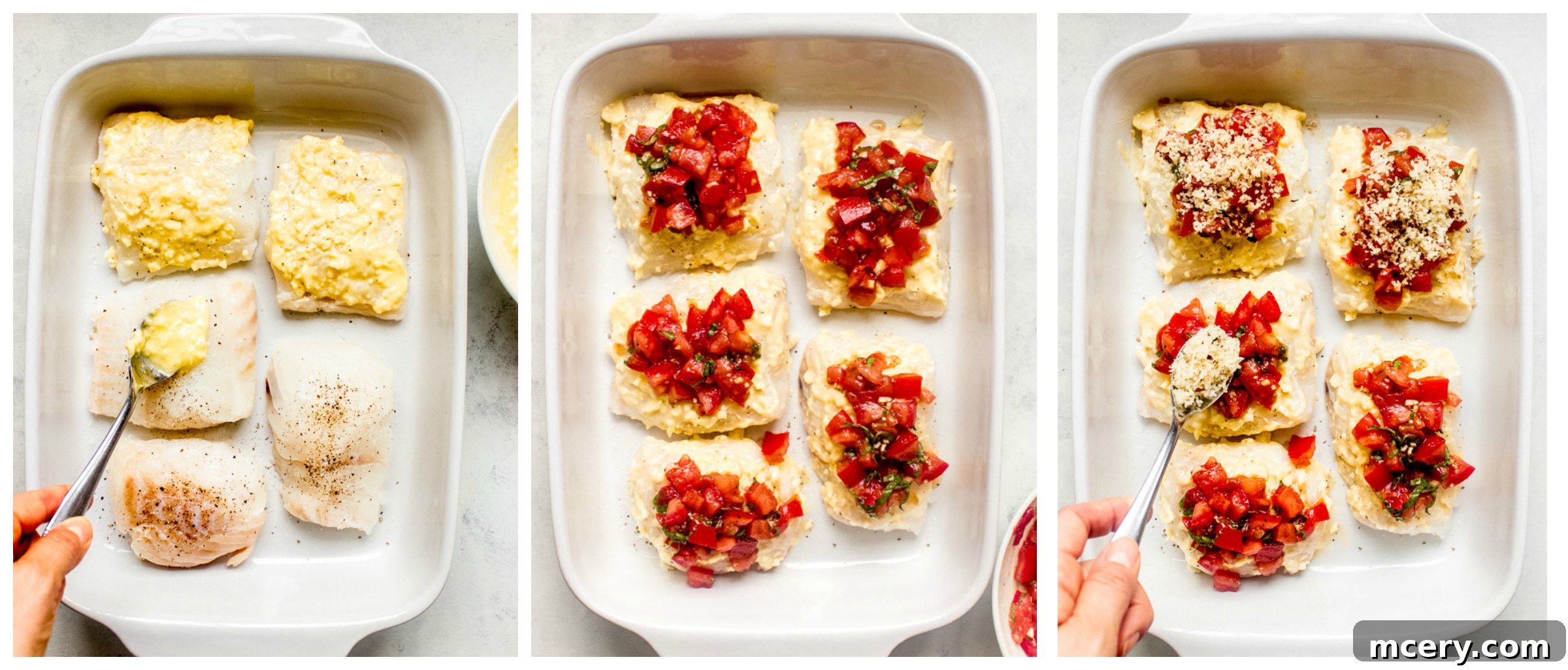 Crispy Panko Cod Bake 7 Assembled bruschetta cod with crispy panko crumbs ready for baking