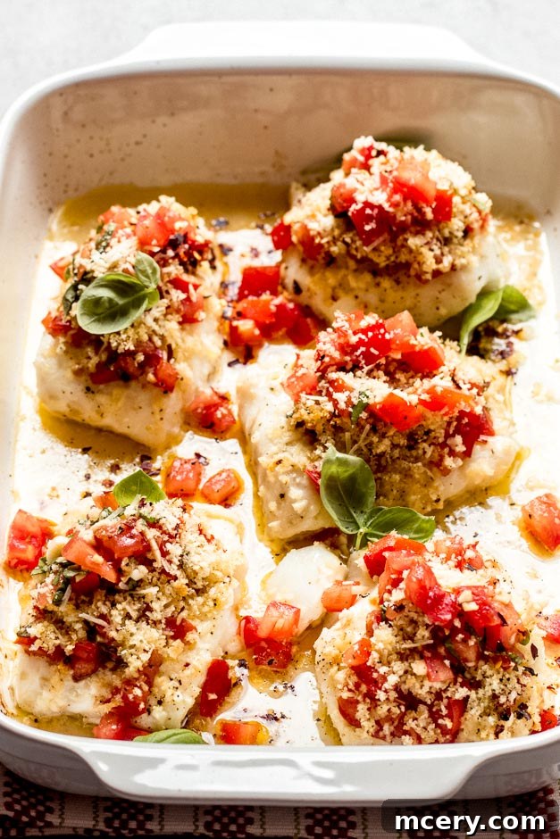 Crispy Panko Cod Bake 8 Mouthwatering panko topped baked cod with fresh tomato bruschetta, ready to serve