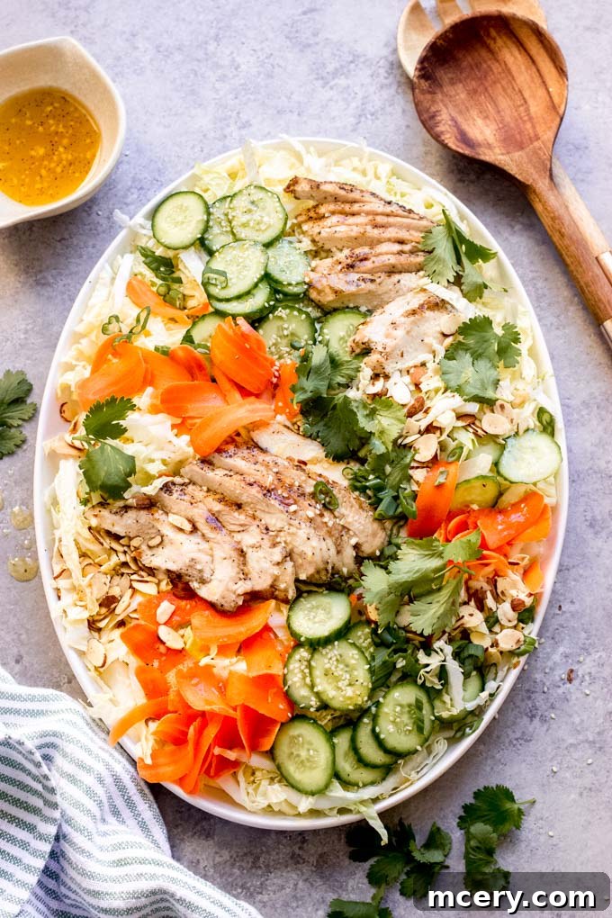 Toasted Sesame Asian Salad 2 Super fresh and flavorful Asian sesame salad with chicken, crunchy cucumbers, and sesame dressing, garnished with sesame seeds.