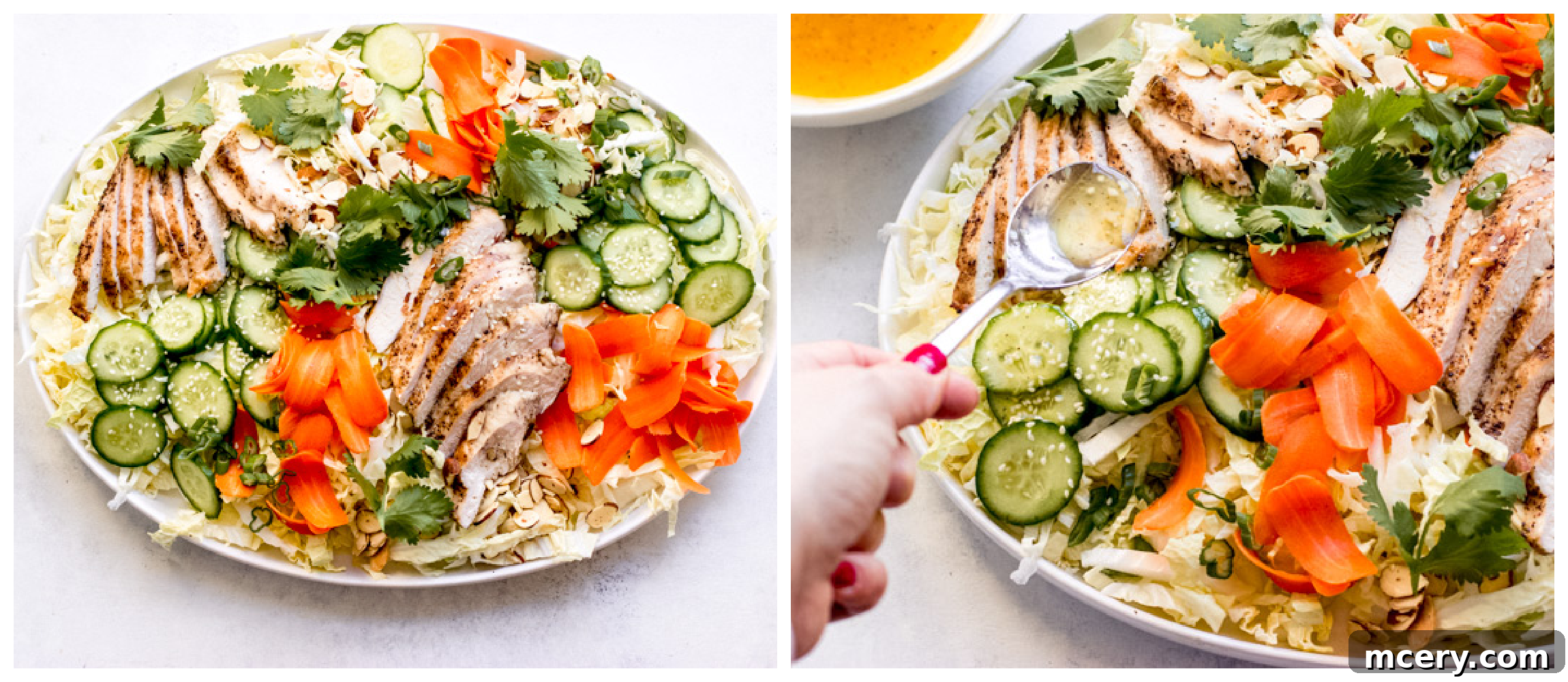 Toasted Sesame Asian Salad 6 Asian sesame chicken salad with fresh vegetables and chicken in a large bowl, ready to be dressed.