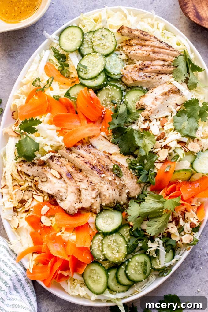 Toasted Sesame Asian Salad 7 Close-up of a delicious Asian sesame chicken salad with crunchy vegetables and a flavorful dressing, perfect for meal prep.