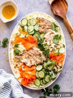 Asian sesame chicken salad with crunchy napa cabbage, cucumbers, almonds, and sesame seeds. Topped with chicken of choice.