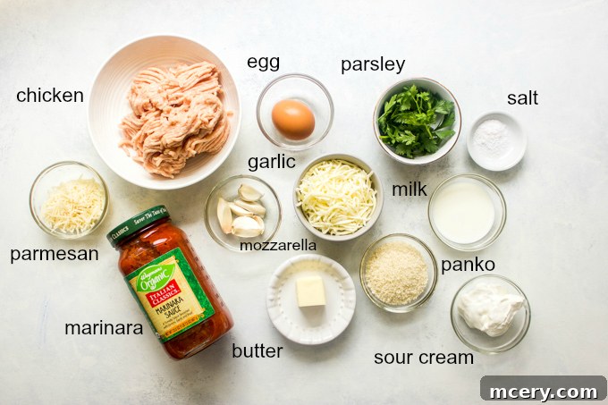 Chicken Parm Meatballs 4 Ingredients laid out for baked chicken parmesan meatballs, including chicken, cheese, sauce, and seasonings