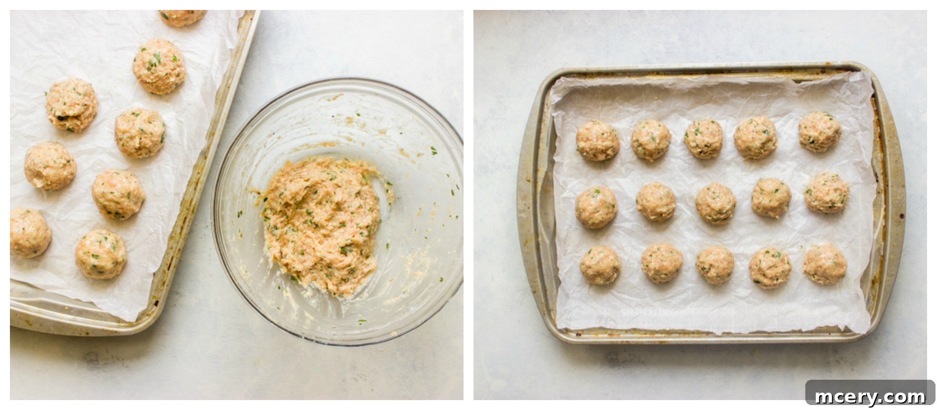 Chicken Parm Meatballs 6 Step by step for forming and baking sheet pan chicken meatballs