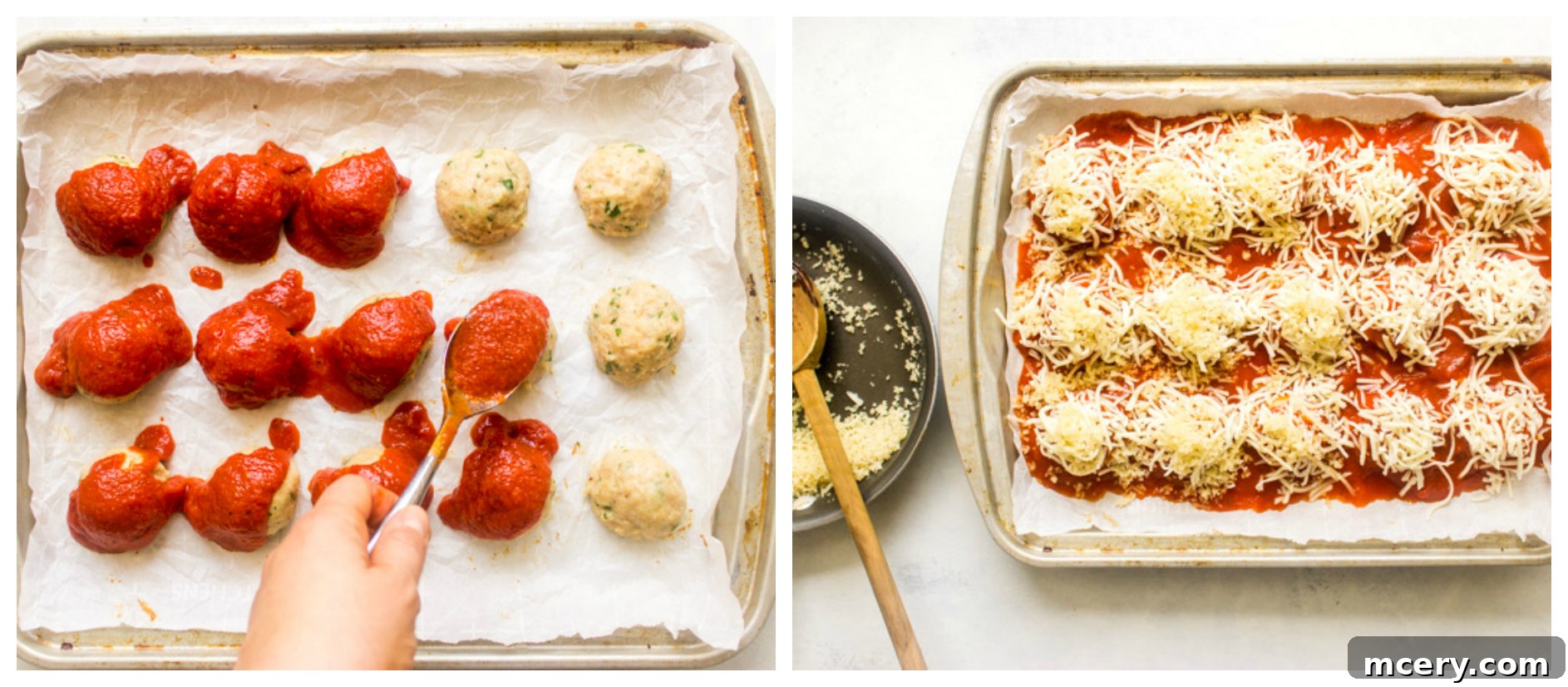 Chicken Parm Meatballs 8 Oven baked chicken parmesan meatballs with marinara and cheese