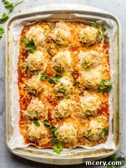 Overhead chicken meatballs with parmesan and garlicky crumbs