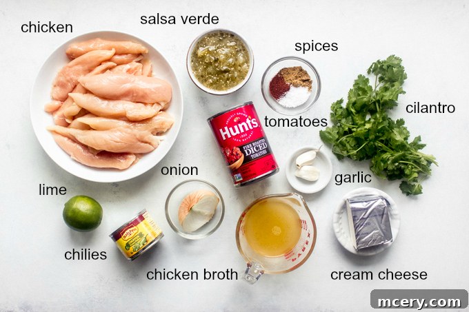 Simple Skillet Creamy Shredded Chicken 3 Assortment of fresh ingredients including chicken tenders, tomatoes, salsa verde, and spices laid out for easy shredded chicken recipe preparation.