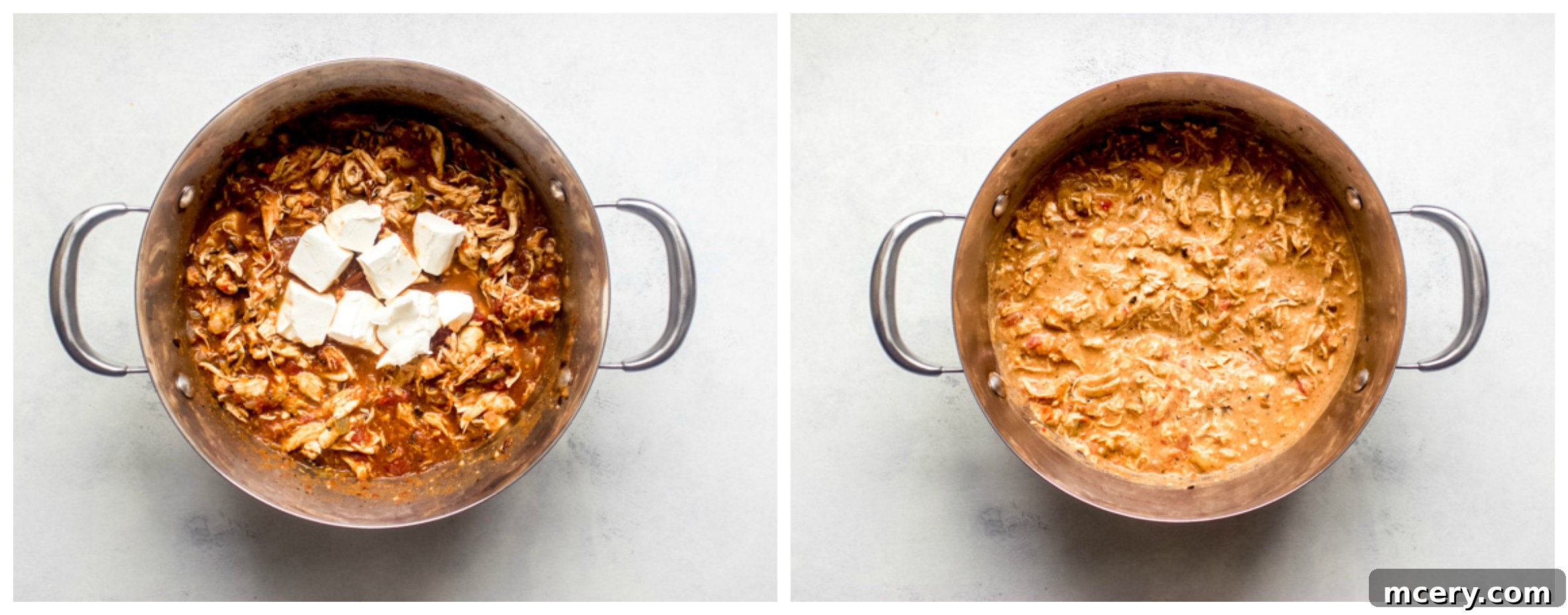 Simple Skillet Creamy Shredded Chicken 7 Shredded chicken in a Dutch oven with cream cheese being stirred in, creating a rich, creamy sauce.
