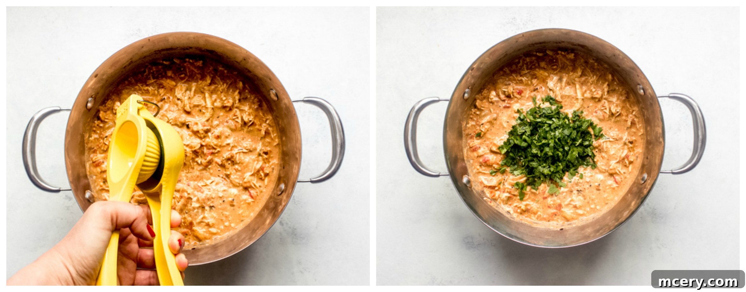 Simple Skillet Creamy Shredded Chicken 8 Final step showing fresh lime juice and cilantro being added to creamy shredded chicken in a Dutch oven on the stove top.