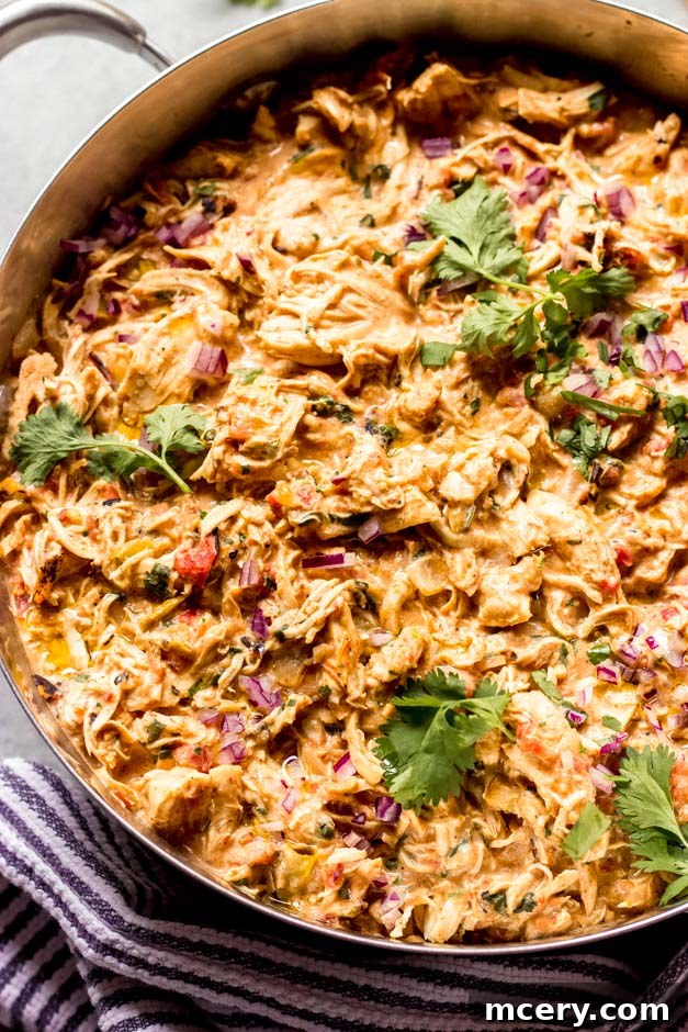 Simple Skillet Creamy Shredded Chicken 9 Close-up of creamy shredded chicken simmering in a Dutch oven, showcasing its rich texture and vibrant colors, ready to be served.