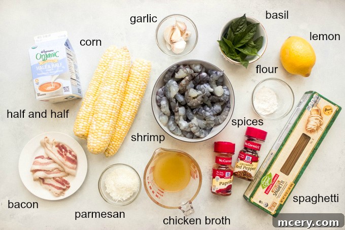 Zesty Shrimp and Sweet Corn Pasta 3 Ingredients for pasta with corn and shrimp spread on a wooden table