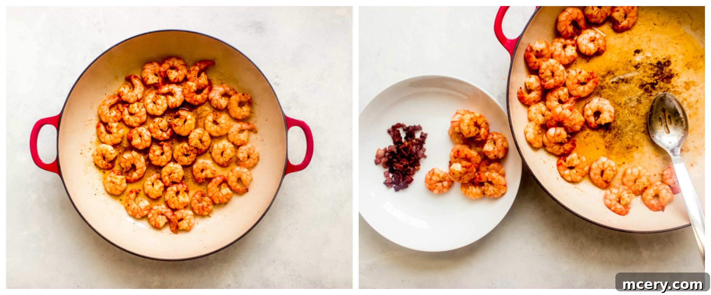 Zesty Shrimp and Sweet Corn Pasta 5 Pan-seared shrimp cooking in a skillet until perfectly pink
