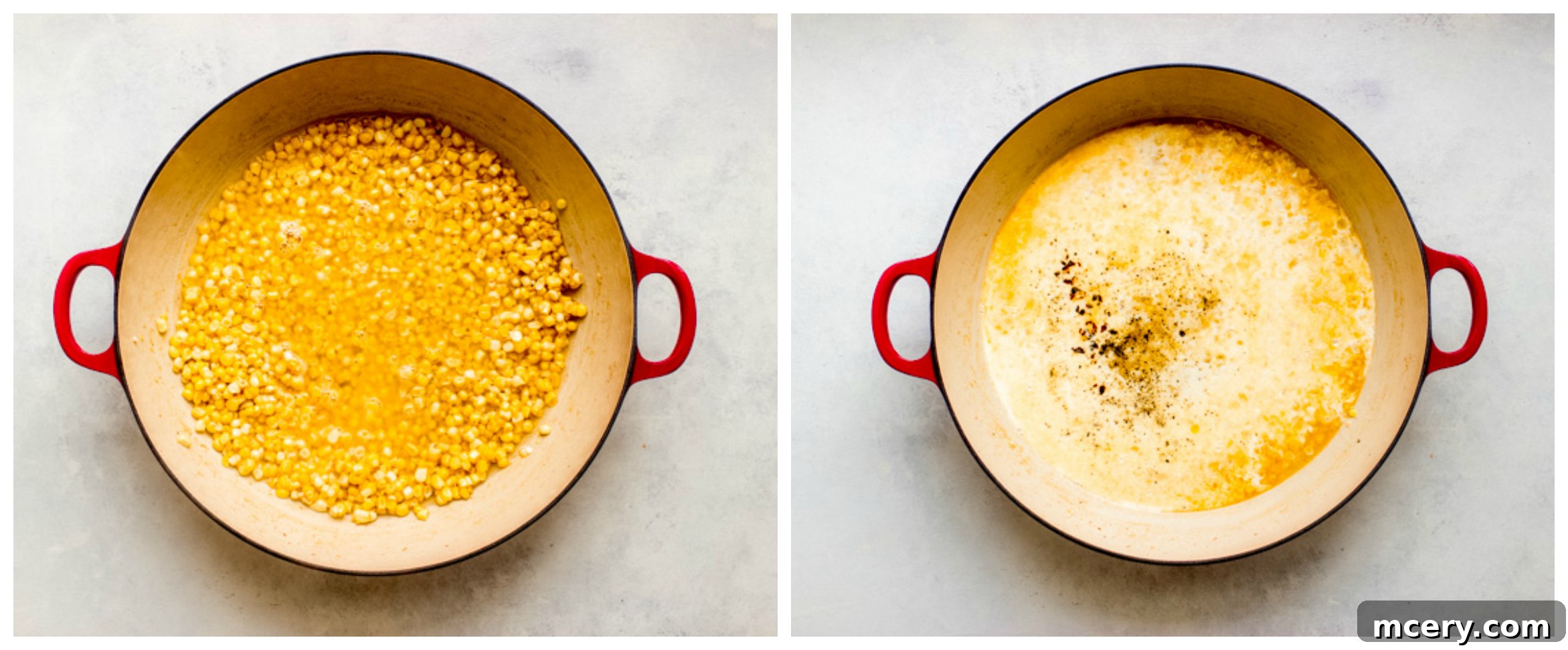 Zesty Shrimp and Sweet Corn Pasta 7 The creamy corn sauce simmering in a skillet, thickening to perfection