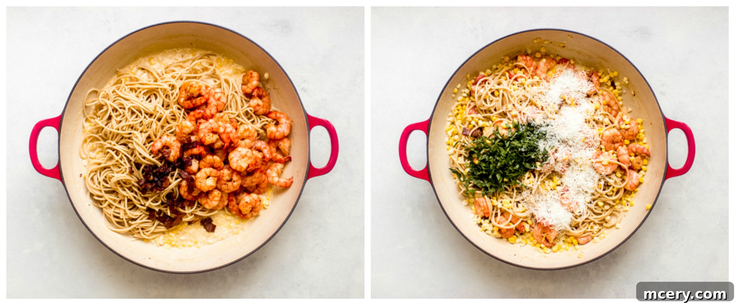 Zesty Shrimp and Sweet Corn Pasta 8 Spaghetti with cooked shrimp, corn, and bacon beautifully coated in creamy sauce in a pan