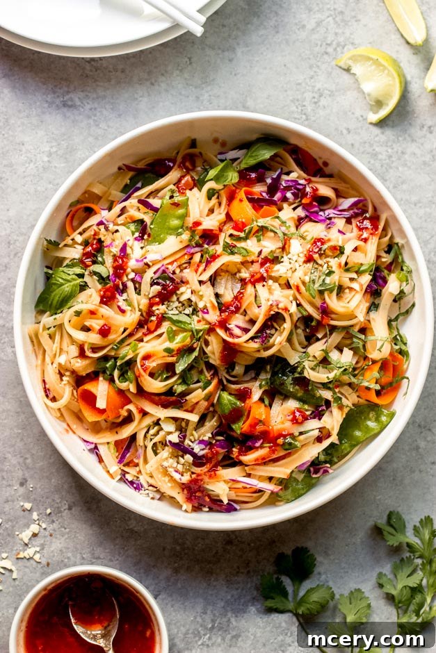 Vibrant Cold Noodle Bowl 2 overhead shot of a colorful chili garlic rice noodle salad in a large white bowl, garnished with fresh herbs and a side of dressing