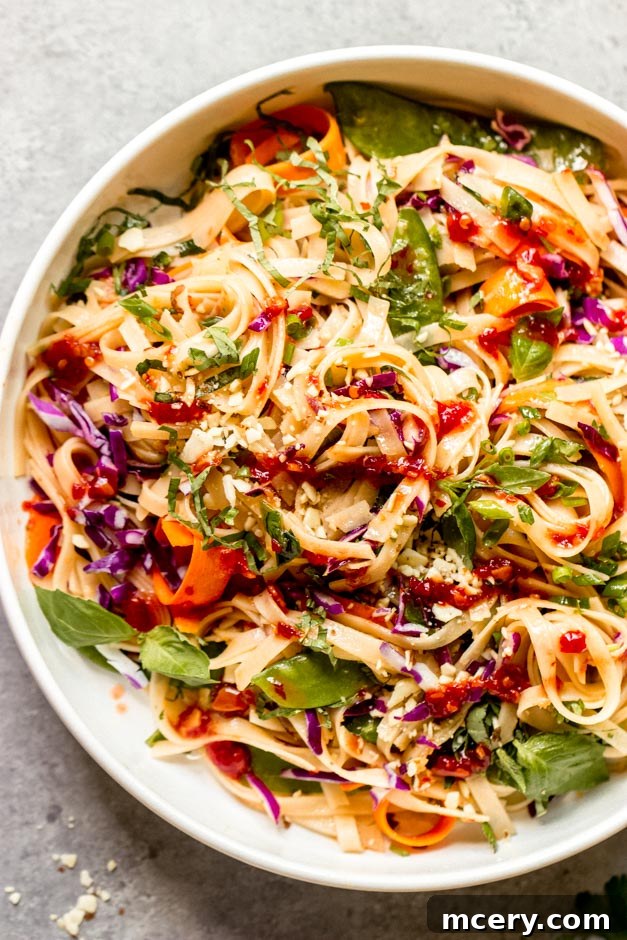 Vibrant Cold Noodle Bowl 3 close up view of a beautifully arranged cold rice noodle salad with various vegetables