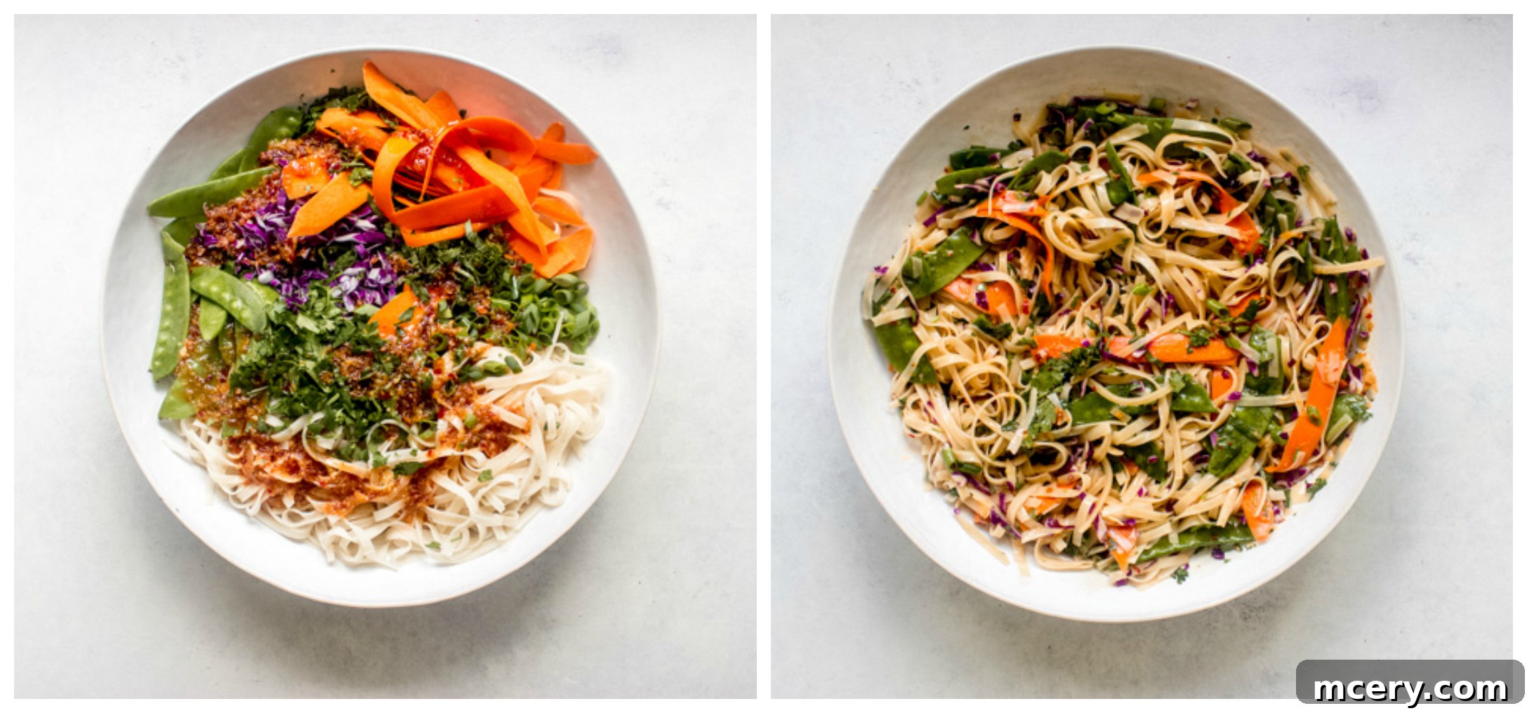 Vibrant Cold Noodle Bowl 6 colorful brown rice noodle salad with crisp vegetables and a rich chili garlic dressing