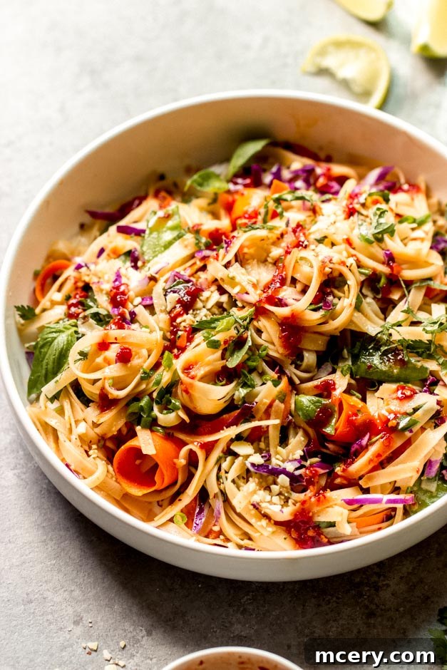 Vibrant Cold Noodle Bowl 7 beautifully plated chili garlic rice noodle salad with various vegetables and dressing