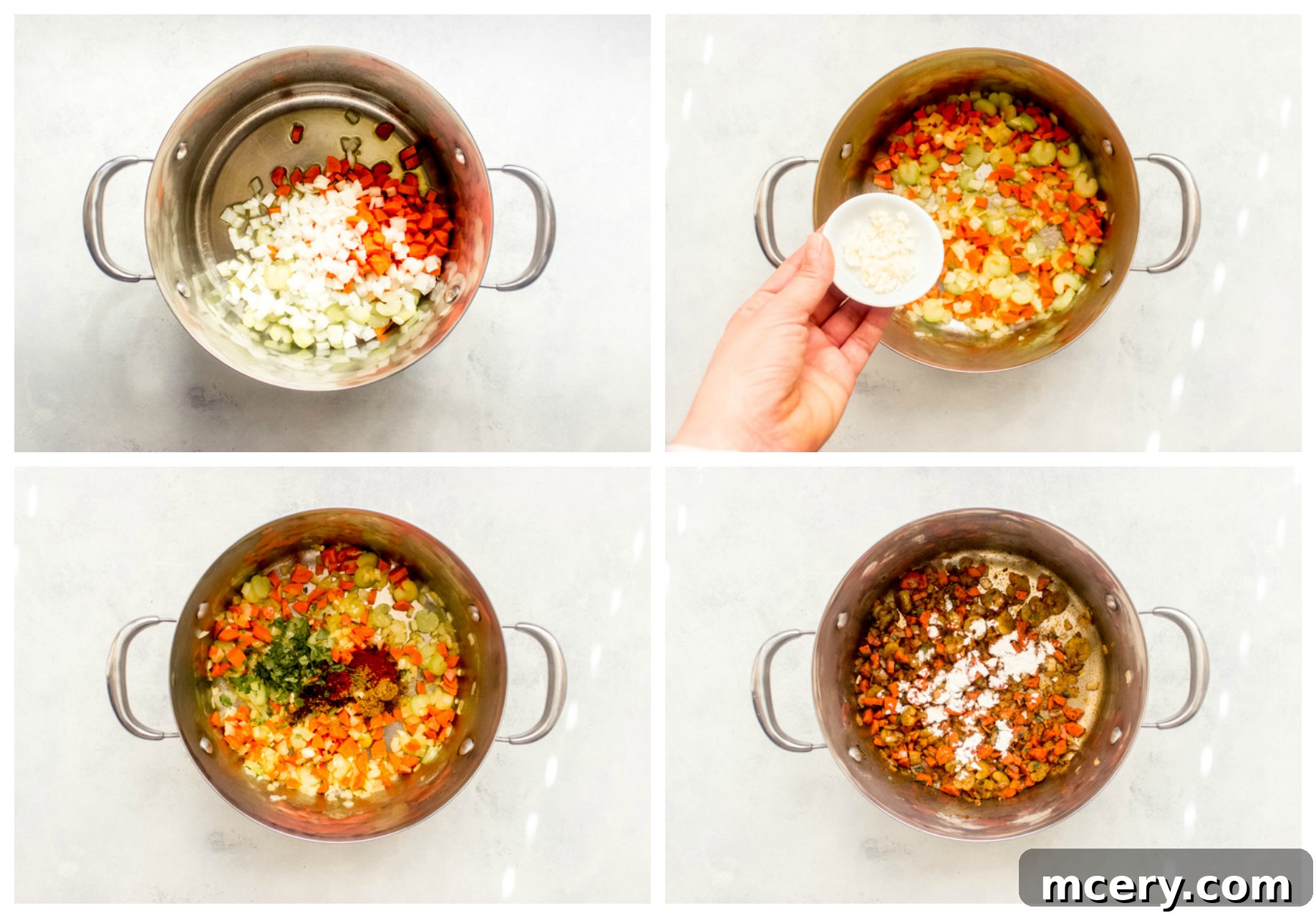 Velvety Chicken Tortilla Soup 5 Sautéed mirepoix vegetables and bloomed spices in a large soup pot, forming the rich and aromatic foundation for the creamy tortilla soup.