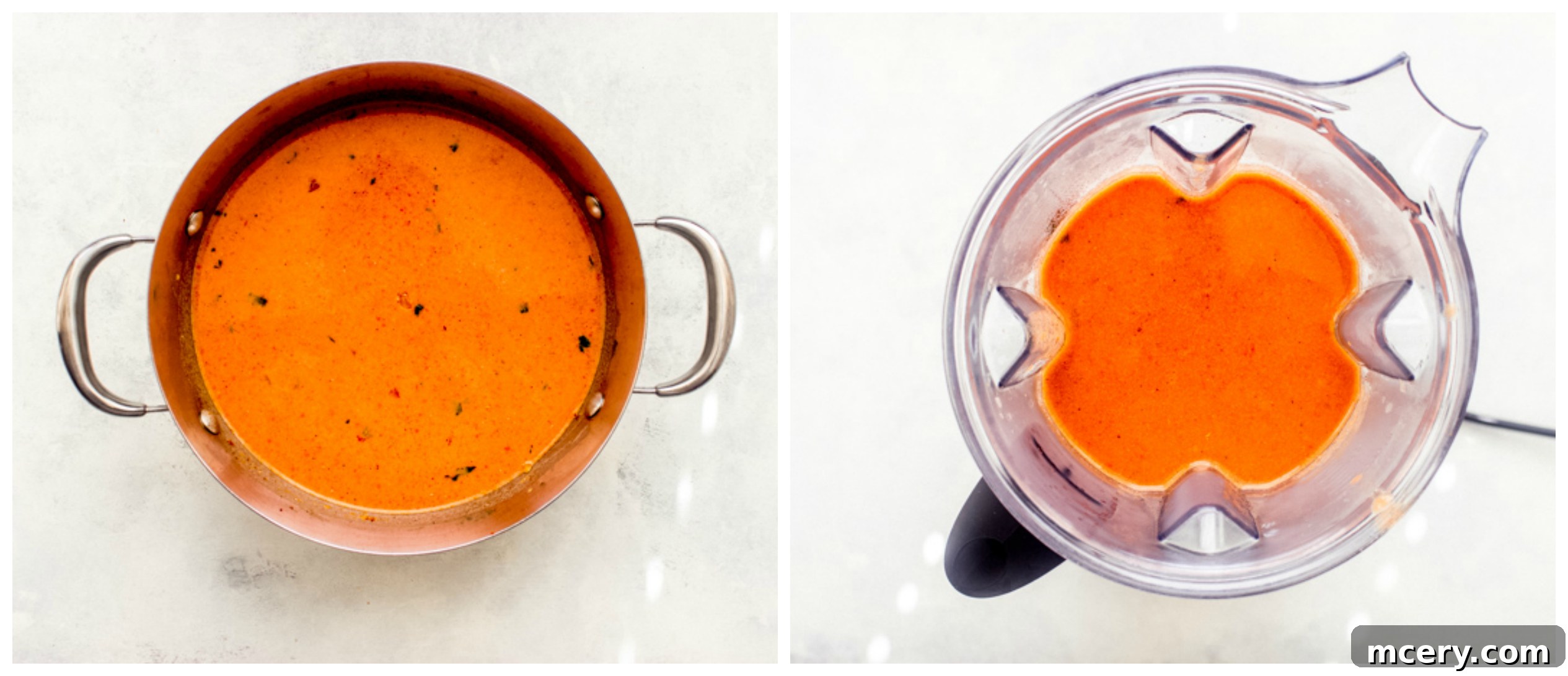 Velvety Chicken Tortilla Soup 6 Creamy tomato broth simmering in a large soup pot before pureeing, showing its rich color and smooth texture in preparation for blending.