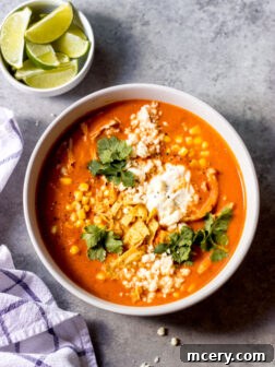 A bowl of creamy chicken tortilla soup topped with fresh cilantro, sour cream, and crispy tortilla strips, with a spoon ready to dive in, showcasing its appeal.