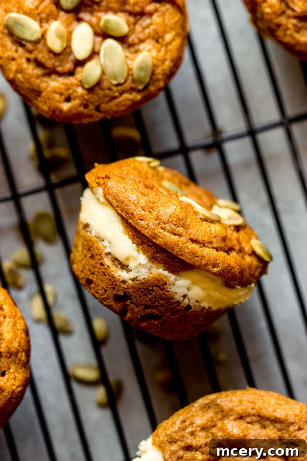 Spiced Pumpkin Cream Cheese Swirl Muffins 3 Close-up side view of a sliced healthy pumpkin cream cheese muffin showing the swirl