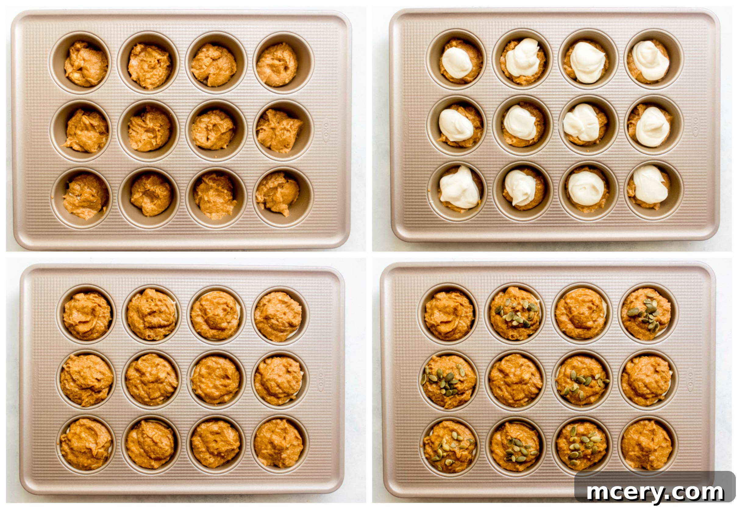 Spiced Pumpkin Cream Cheese Swirl Muffins 7 Muffin pan filled with pumpkin batter and cream cheese filling, ready for baking