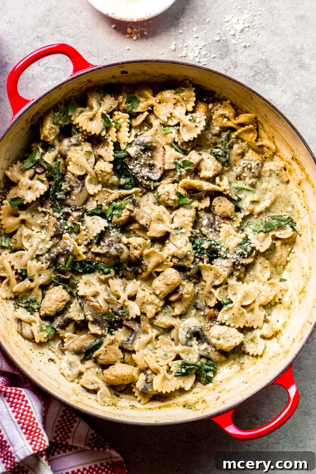 Creamy Chicken & Mushroom Spinach Pasta 2 overhead chicken mushroom pasta
