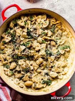 overhead chicken mushroom pasta